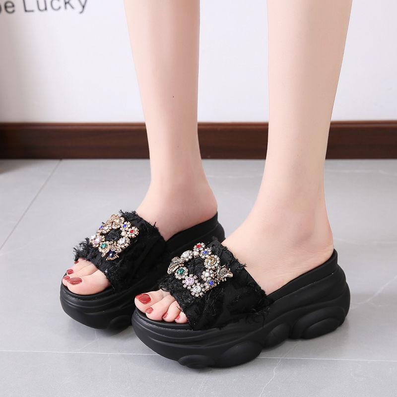 Summer wear slippers female net red ins sandals fashion wild thick bottom sponge cake half dragging