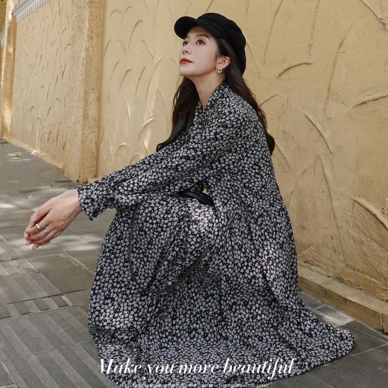 Spring and Autumn French Retro Floral Ladies Bottoming Dress Long Dress Fashion Korean Version Loose and Thin Hepburn Printed Women's Long Dress