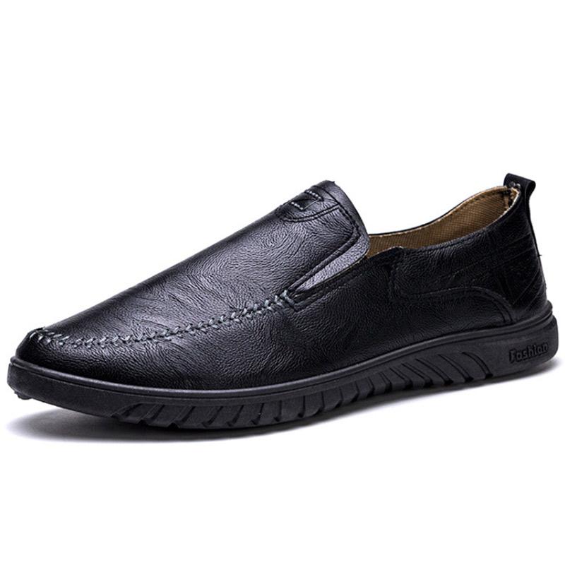 Men's Peas Shoes Slip-On Casual Comfort Soft Sole Driving Shoes Black Leather Flats