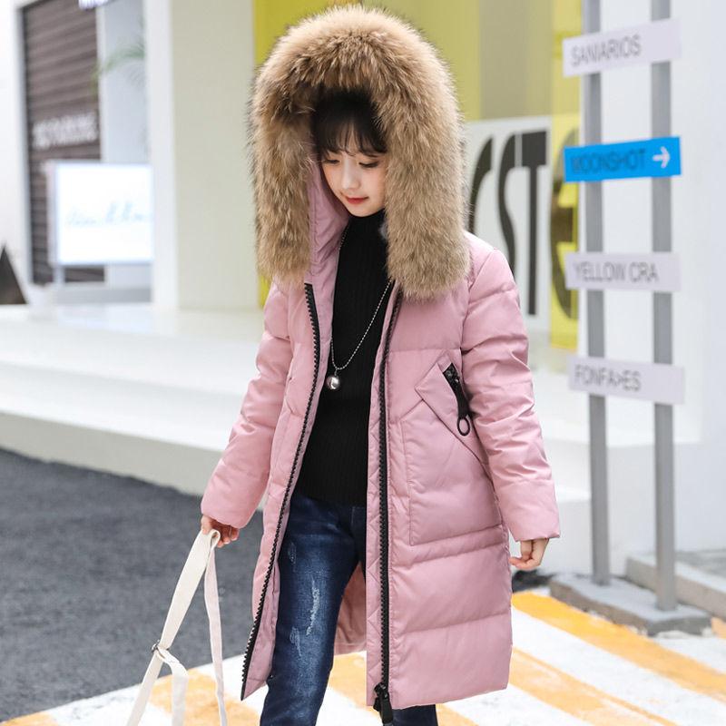 Children's Down Jacket Mid-length Fashion Thick Winter Jacket with Big Fur Collar Hooded Outerwear