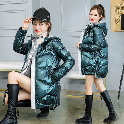 Fashion Women's Mid-length Coat Winter Loose and Colorful Hooded Down Cotton Coat