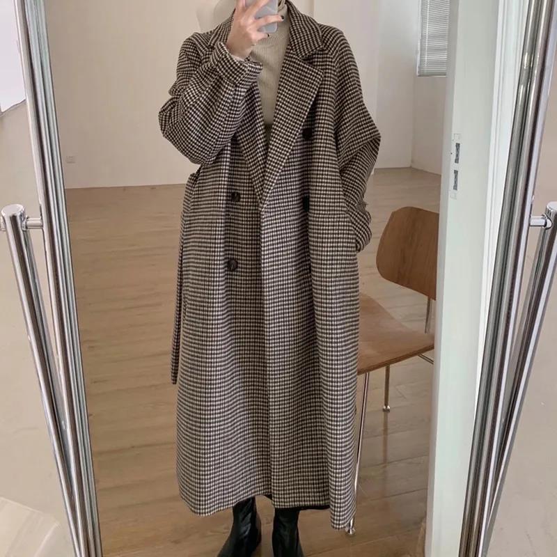 Women's Woolen Coat Plaid Korean Mid-length Houndstooth Coat Coat Women