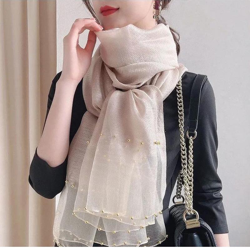 Women's Boutique Silk Scarf Mulberry Silk Scarf Warm Autumn and Winter Shawl Scarf Embroidered Gauze Scarves Pearl Hem Decor Neckerchief Solid Shawl