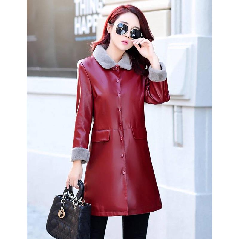 Large size Leather coat Winter Woman's Leather clothing Luxurious Long sleeve Leather jacket Wild