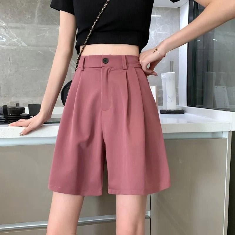 Women's Summer Straight Shorts Korean Version Drape Loose and Thin Casual High Waist Suit Wide Leg Pants Student Wide Leg Pants Elastic Waist Shorts