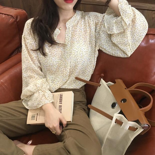 Blouses Women Flare Sleeve Elegant Spring Fashionable Print All-match Ins Chiffon Design Aesthetic Korean Feminino Clothing Chic