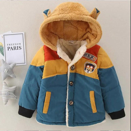 Boy's Padded Coat Baby Padded Jacket Winter Warm Coats Hooded Cartoon Bear Pattern Plus Velvet Children's Padded-jackets