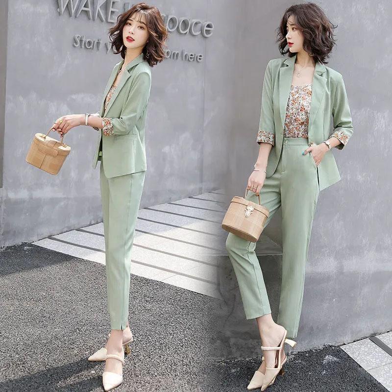 3PCS Women's Suit Three-piece Suit Spring and Autumn Casual Jacket + Floral Vest + Straight Trousers Professional Suit Ladies Thin Solid Color Suit