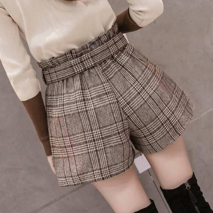 Shorts Ladies Wear Autumn Winter High Waist Wild Loose Plaid Winter Boots Pants Wool Wide Leg Pants