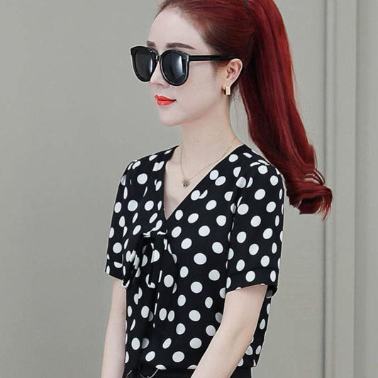 Chiffon Shirt Women's Short-sleeved Loose Top Cover Belly Shirt Shirt Black and White Polka Dot Chiffon Shirt Temperament Elegant Lady Style