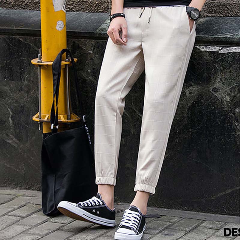 Spring and Summer Thin Check Pattern Youth Men's Loose Casual Cropped Trousers