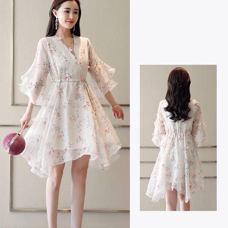 Fashion Flare Sleeve Floral Dress Female Summer Chiffon Mid-length Ruffle Irregular Dress