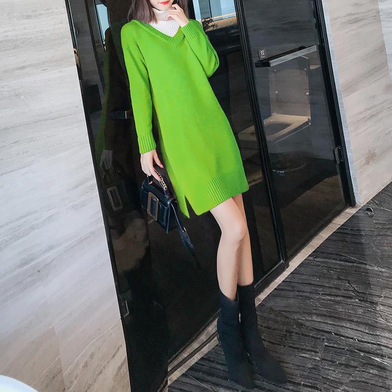 Autumn And Winter Fashion Casual Jacket Mid-length V-neck Solid Color Sweater Loose Lazy Style Dress Women