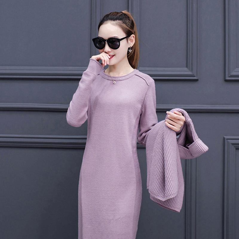 Autumn and Winter Women's Temperament Two-piece Knitted Suit Long-sleeved All-match Base Sweater Dress Elegant Warm Suit