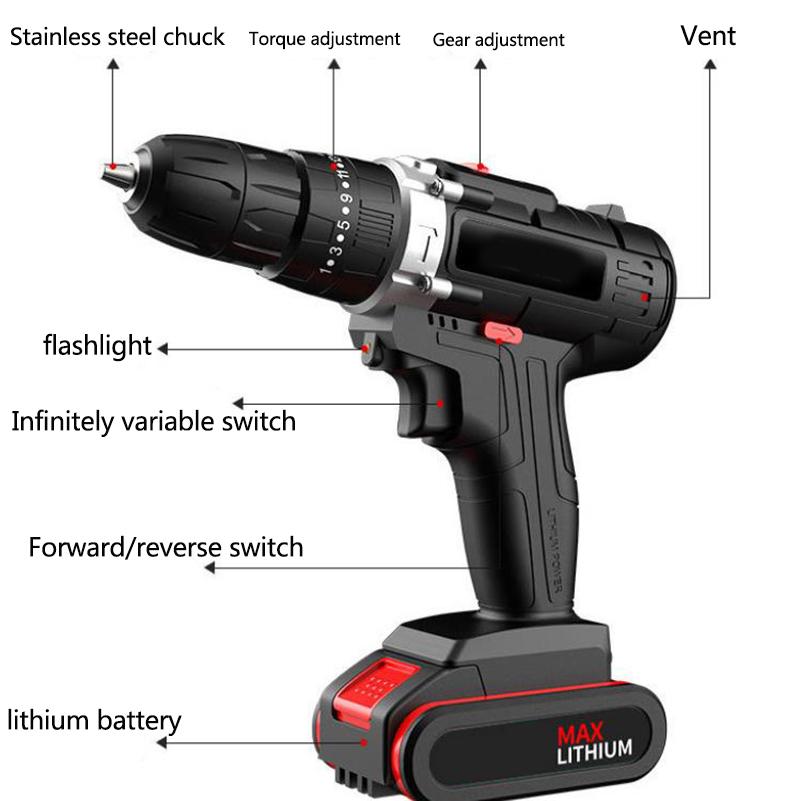 48V Impact Drill Household Cordless Electric Drill Electric Screwdriver Rechargeable Motor Double Battery