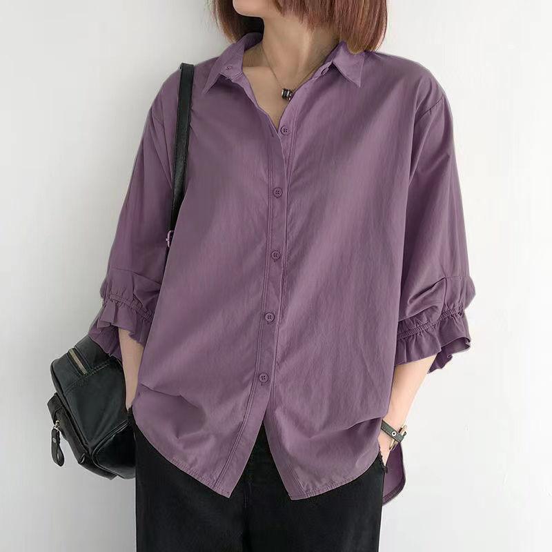 Cotton Lantern Sleeve Shirt Women's Summer Loose Large Size Thin Three-quarter Sleeve Blouses