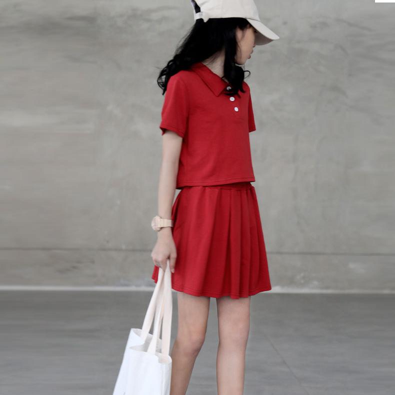 Girls' Suit Summer Thin T-shirt Short Skirt High Waist Two Piece Set Korean Style Loose Uniform Style Pleated Skirt