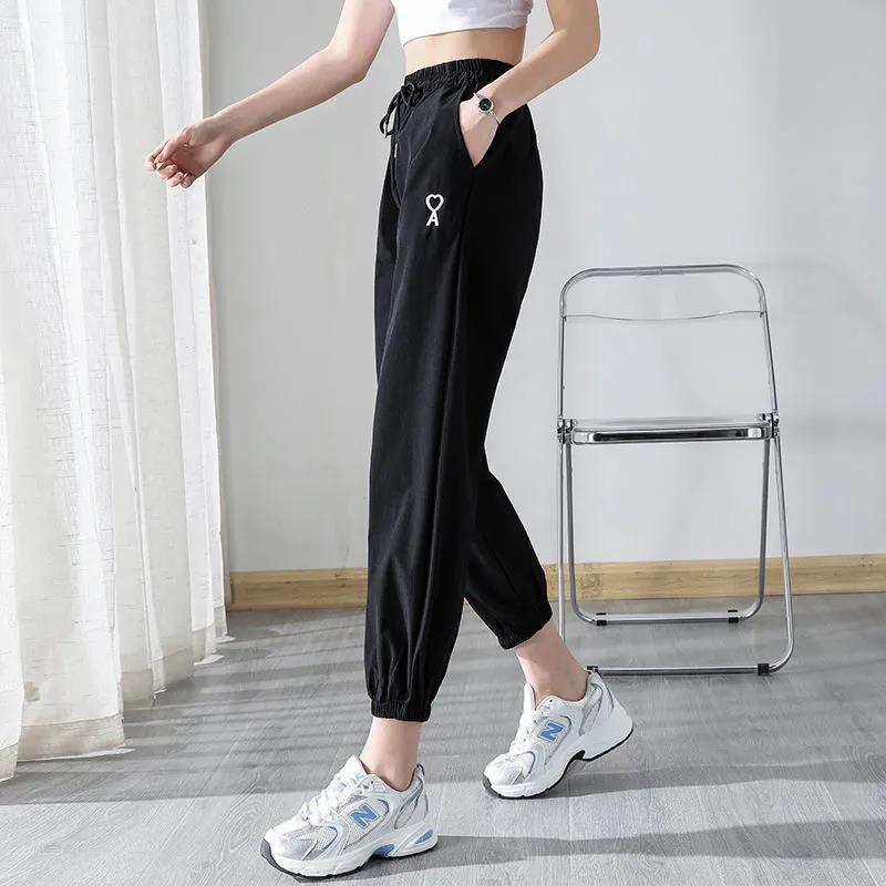 Summer Thin Sports Pants Women Korean Version of High Waist Wide Legs Loose High Thin Nine-point Casual Pants