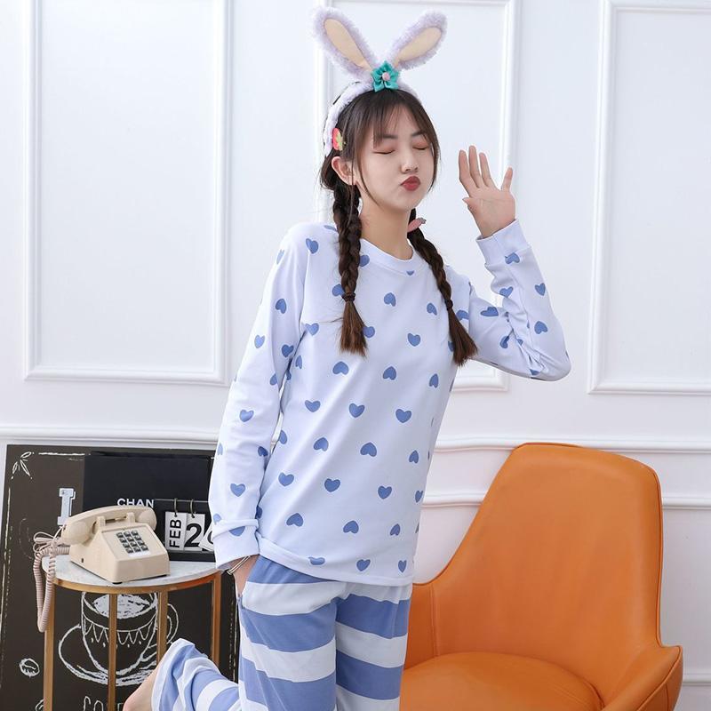 Women's Printed Heart Tops Striped Pants Long-sleeved Modal Pajamas Set Spring Autumn Two-piece Set Sweet Loose Casual Home Wear