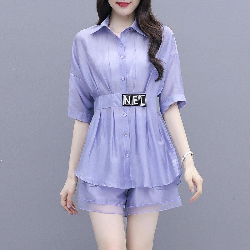 Thin Suit Women Summer Two-piece Shirt Mid-length Women's Wide-leg Pants Shorts Casual Suit Sweet Cute Sexy and Elegant