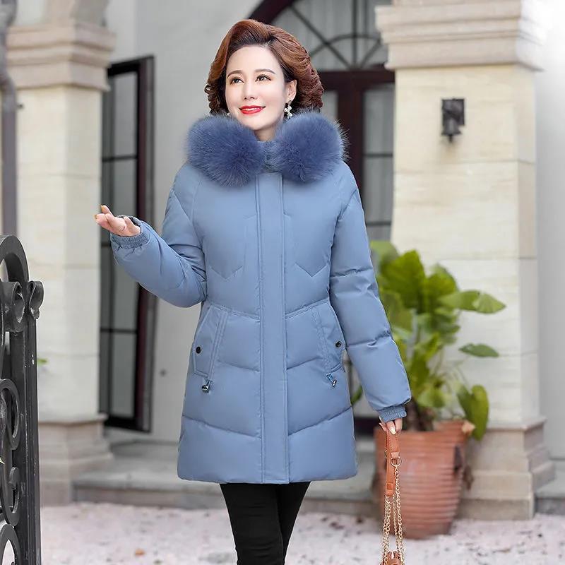 Winter Down Cotton Jacket Fashion Hooded Mid-length Jacket Thick Warm Cotton Jacket Suitable for Middle-aged Women