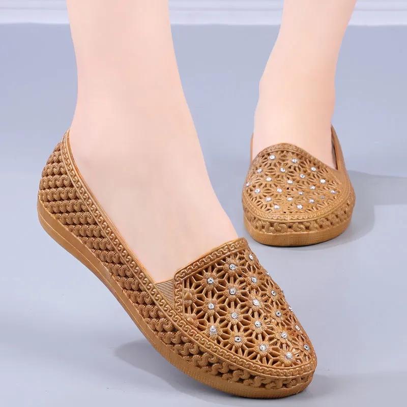 Female Solid Color Non-Slip Waterproof Breathable Slip-On Single Shoes Women's Spring Summer Large Size Flat Hollow Shoes