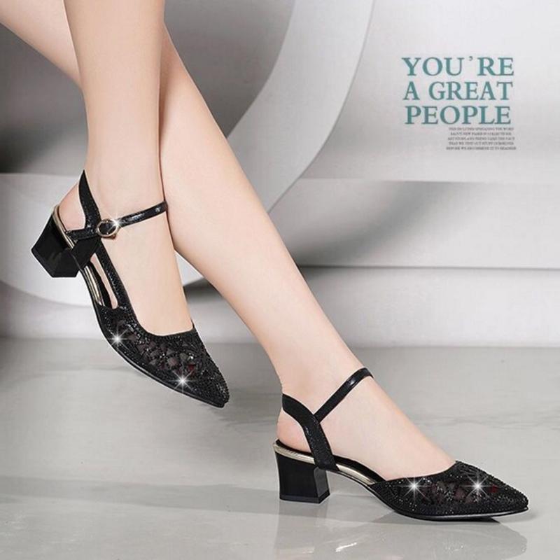 Soft Leather Sandals Women Summer Mesh Thick Heel Single Shoes Women Fashion Mid-heel Toe Caps Breathable