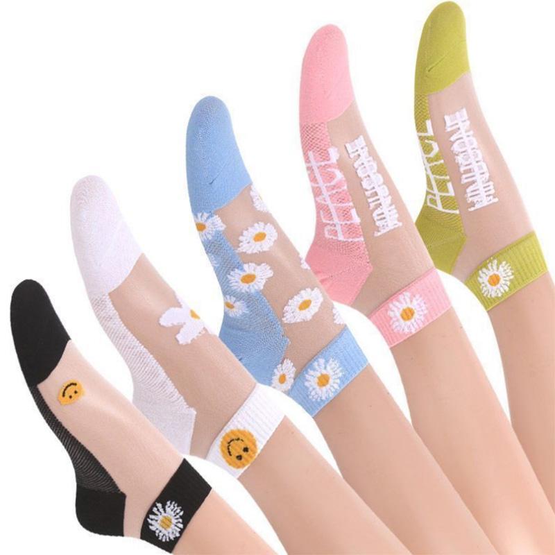 Daisy 5 Pairs of Socks Women's Socks Summer Shallow Mouth Low-top Thin Glass Stockings Summer Transparent Crystal Socks Ins Tide