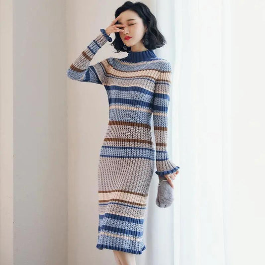 Mid-length Knitted Dress French Retro Dress Bottoming Turtleneck Sweater Dress Over The Knee 2021 Autumn and Winter Women