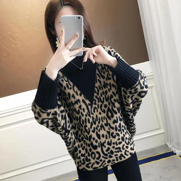 Women's Autumn High Neck Leopard Print Sweater Winter Large Size Loose Pullover Long Batwing Sleeve Knitted Top