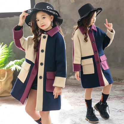 Girls' Wool Coats Children's Fashion Autumn and Winter Models Wool Casual Stitching Color Western Style Mid-length Woolen Coats