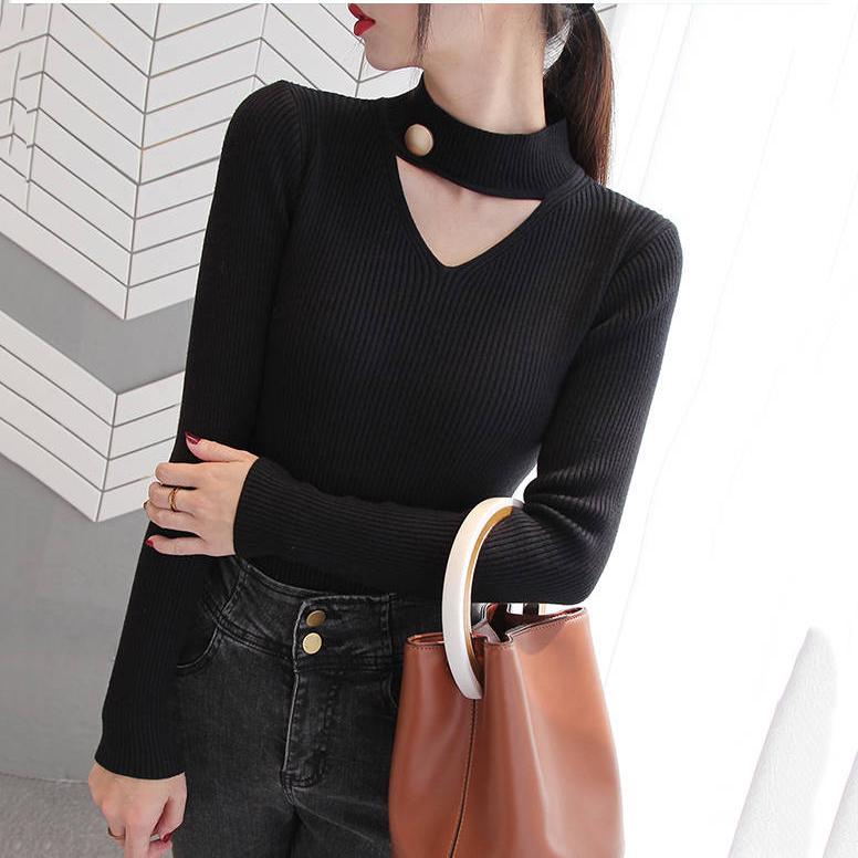 Women Sweater Pullover Basic Rib Knitted Cotton Tops Solid Essential Jumper Long Sleeve Sweaters