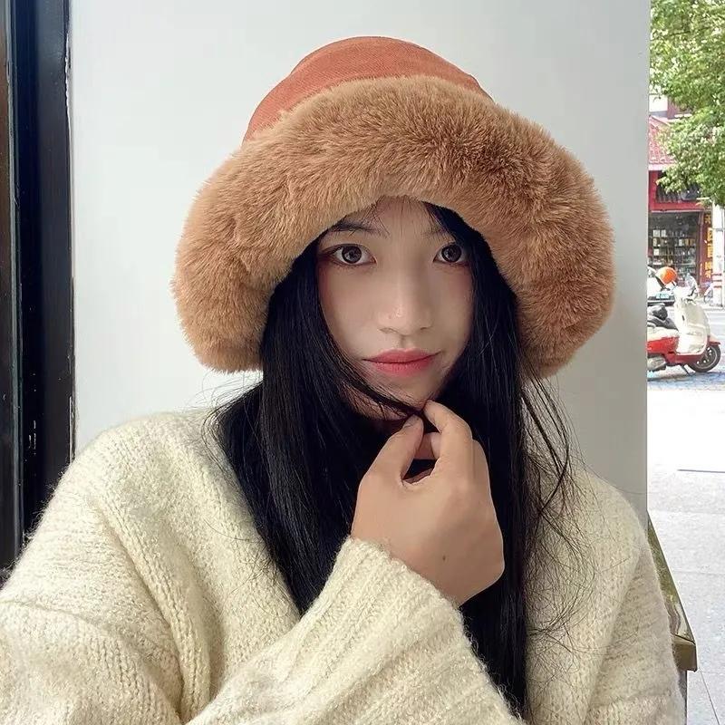 Women's Autumn and Winter Thick Plush Warm Fisherman Hat Cold Proof Windproof Ear Cup Hat Winter Curled Big Head Hat Fluffy Plush Top Cap Basin Hat