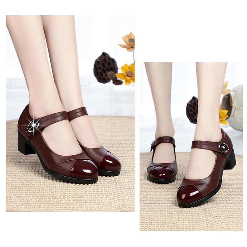 Spring and Autumn Mother's Soft Sole Comfortable Women's Single Shoes Real Soft Leather Shoes Thick Heel Middle-aged Velcro Mid-heel Shoes