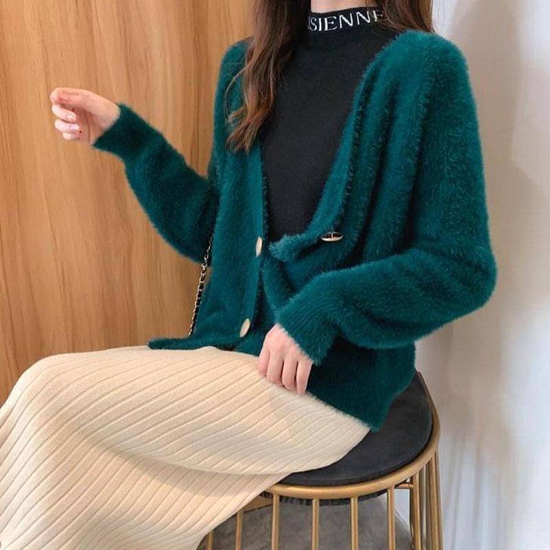 Autumn and Winter Casual Mohair Top Loose V-neck Knitted Sweater Cardigan Button Female Jacket