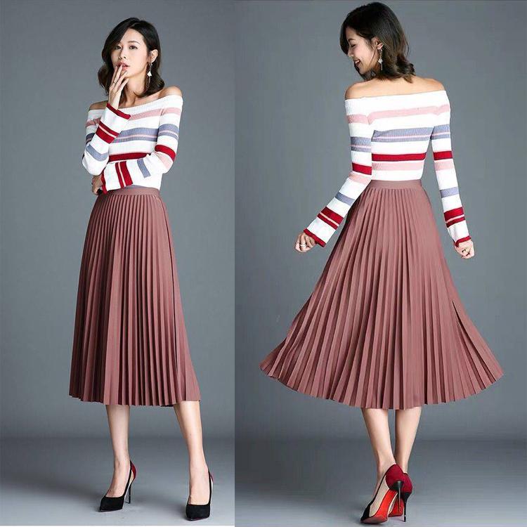 Womens Vintage Pleated Midi Long Skirt Female Casual High Waist Chiffon Skirts  2020 Spring Summer