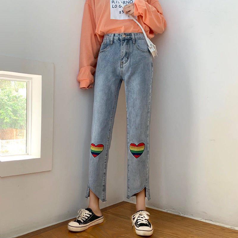 WTEMPO Design Sense High Waist Straight Jeans First Love Cute Embroidery Love Loose Thin Cropped Pants