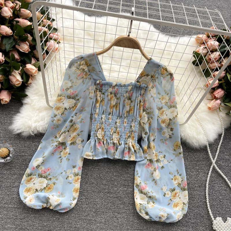 Floral Chiffon Shirt French Sweet Flower Print Bubble Lantern Sleeves Off the Shoulder Top Slim Blouses Sexy Pullover Womens Tops Summer Blouse