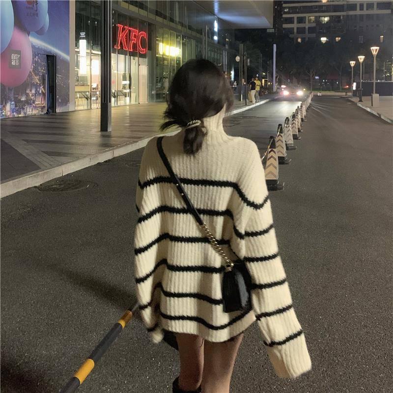 Pofulove Black or White Turtleneck Long Section Sweater Cool Oversize  Striped Loose Cuffs Pullover