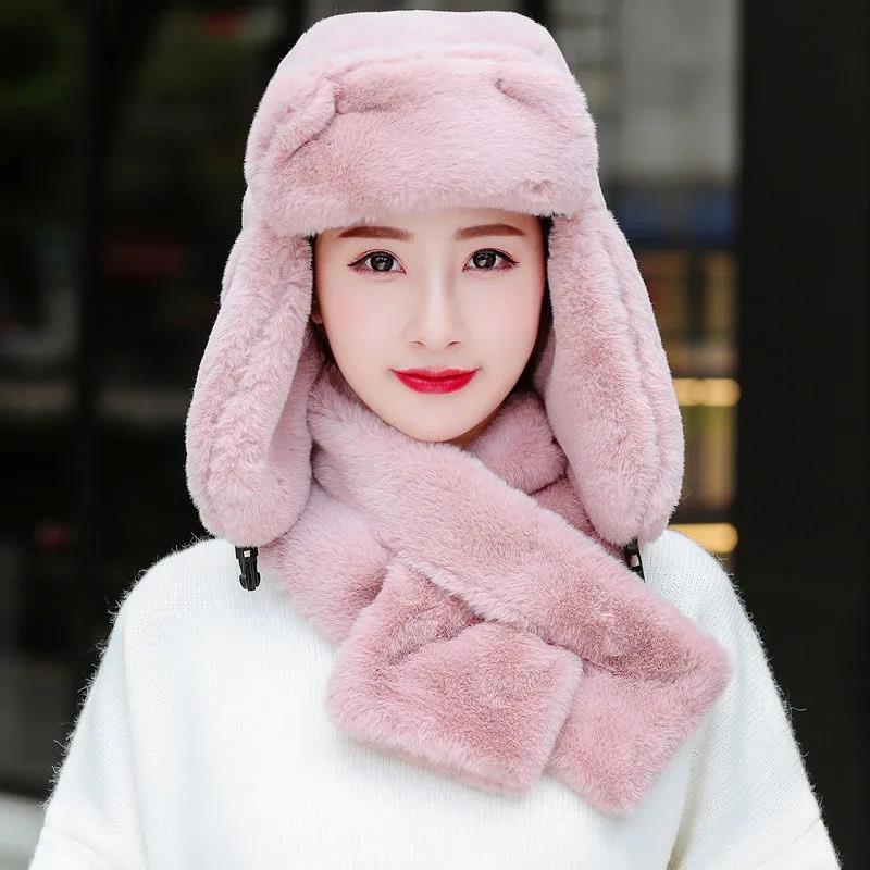 Women's Hat Winter Korean Version Plus Velvet Cold Proof Hat Winter Cycling Ear Protection Thick Windproof Warm Cute Hat Solid Long Ear Cap Fedoras