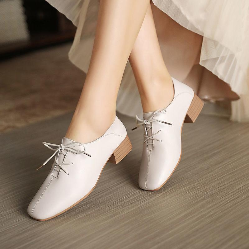 Soft Leather Single Shoes Women All-match Retro Mid-heel Shoes Thick Heel Soft Sole Pedal Casual Work Shoes Mid-heel Leather Shoes Women