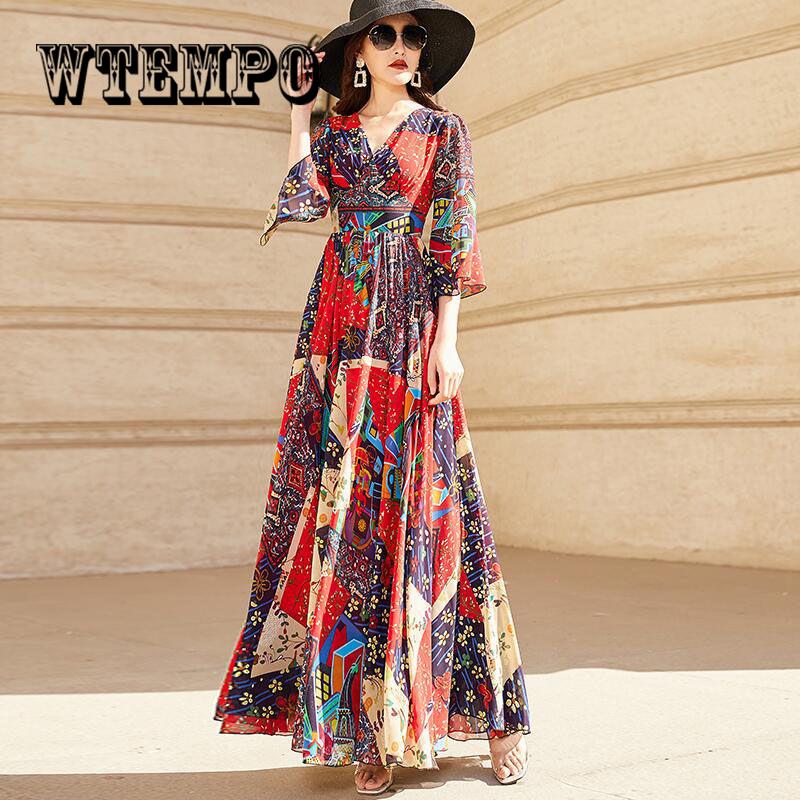 Women's Chiffon Short Sleeve Off-Shoulder Boho Beach Print Dress Vestido Women Casual Dress