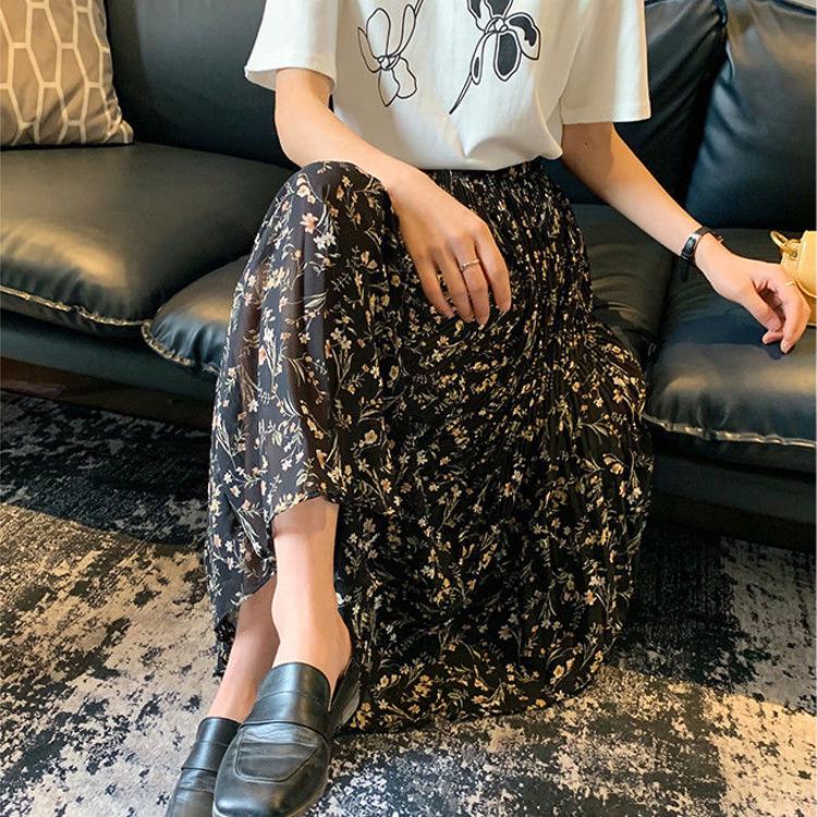 Floral Print Pleated Midi Skirt Women Elastic High Waist Skirts Spring Summer 2020 Elegant Female