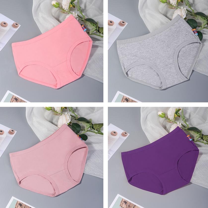 4Pcs/Set Solid Color Large Size Mid Waist Causal Soft Briefs Women's Seamless Cotton Panties