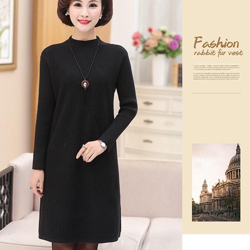 Mid-length Thick Dress In Autumn and Winter Pure Color Simple Casual Base Skirt Large Size Middle-aged Women's Sweater Skirt