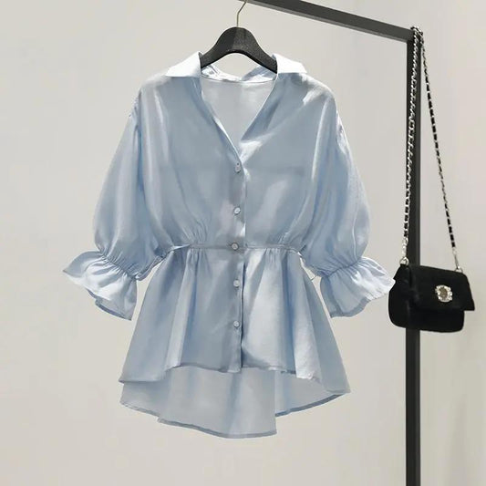 V-neck Waist Skirt Shirt Women's Summer Spring Summer Autumn Korean Chiffon Loose Ruffled Blouse Baby Shirt