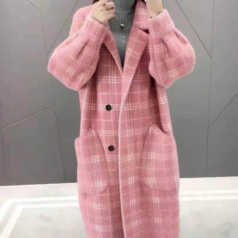 Spring and Autumn Mid-length Plaid Imitation Mink Velvet Coat Women Loose Thick Knit Sweater Coat Women