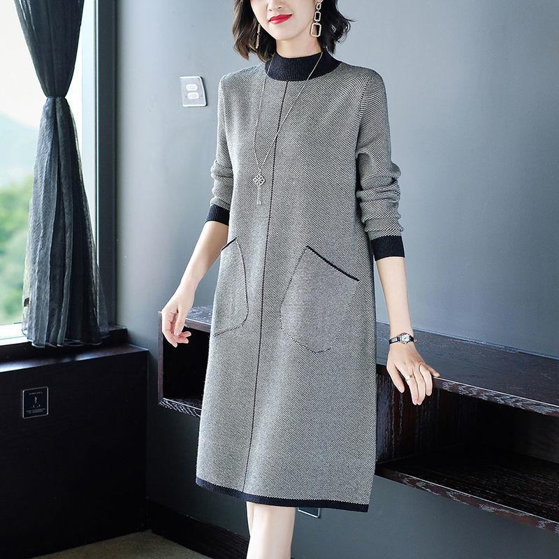 High-quality Women's Houndstooth Sweater Dress Loose Large Size Knitted Dress Long Pullover Sweater with Pockets