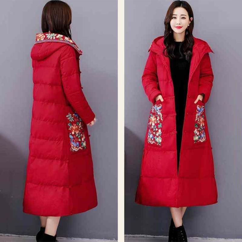 Women's Winter Retro Padded Down Jacket Hooded Down Jacket with Warm Stand-up Collar Women's Solid Color Long Down Jacket  Quilted Coat