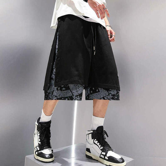 Breasted Shorts Male Hip-hop Cashew Flower Stitching Loose Tide Brand Trend Fake Two-piece Casual Five-point Pants